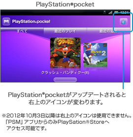 アップデート確認画面　※2012年10月3日以降は右上のアイコンは使用できません。「PSM」アプリからのみPlaySation®Storeへアクセス可能です。